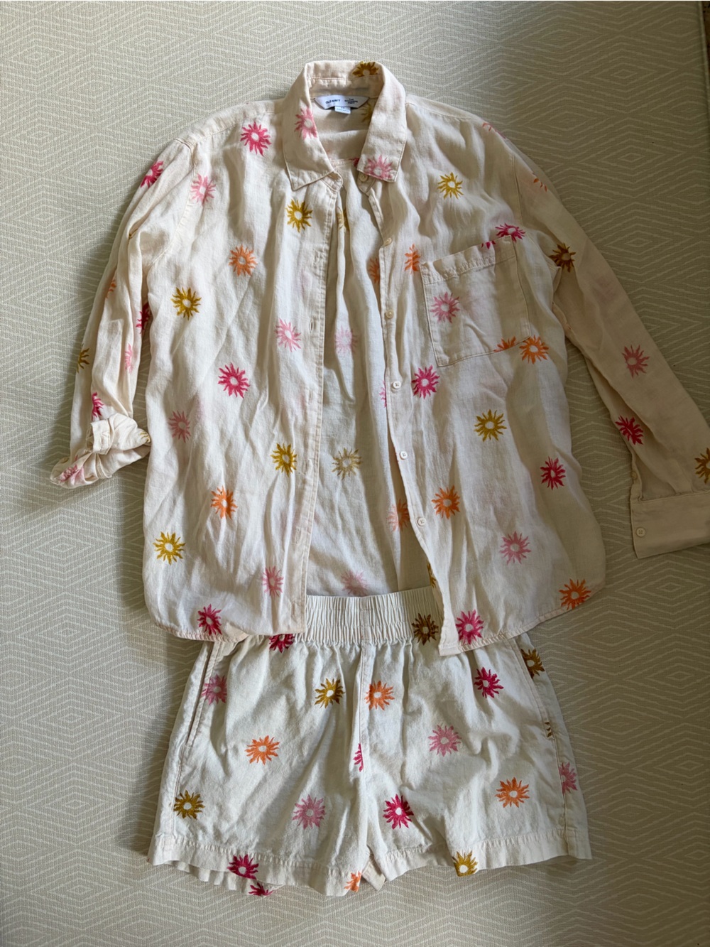 Old Navy Cream Linen Blend Set with Pink, Orange & Yellow Design
